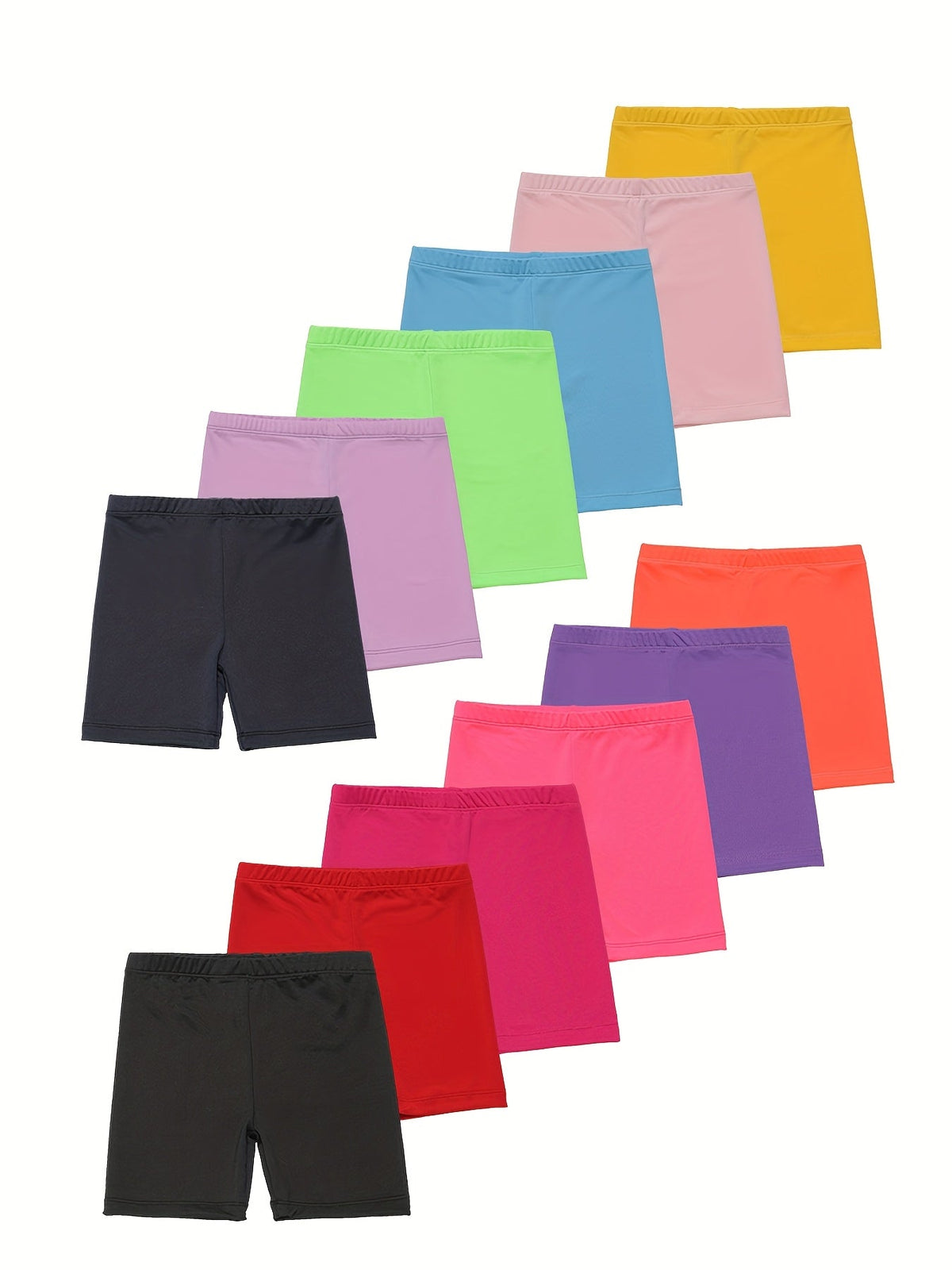 Girls' Solid Color Stretch Shorts Twelve Pack with Elastic Waists for Dance Practice and Everyday Play