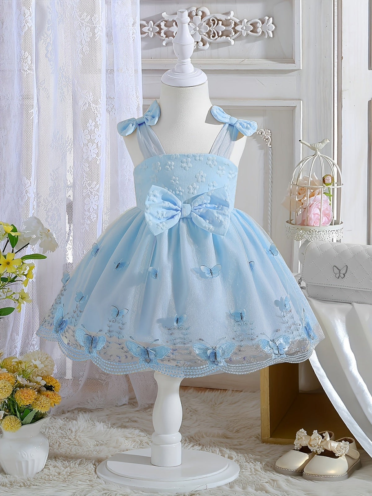 Girls' Sleeveless Party Dress with Shoulder Bows and Floral Mesh Skirt for Weddings and Celebrations