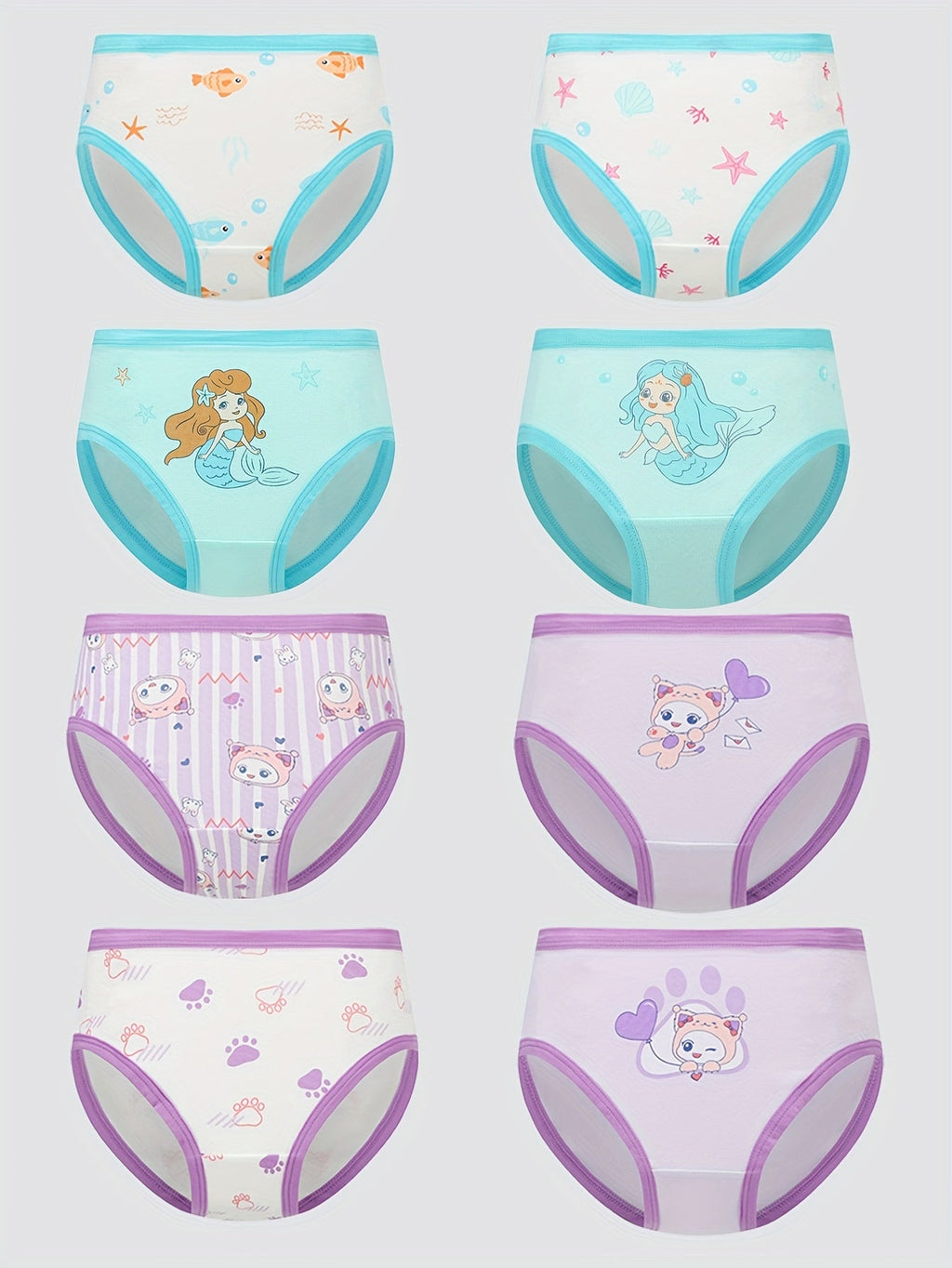 Girls' Cotton Briefs in an Eight Piece Pack with Mermaid and Cartoon Prints for Daily Underwear Changes