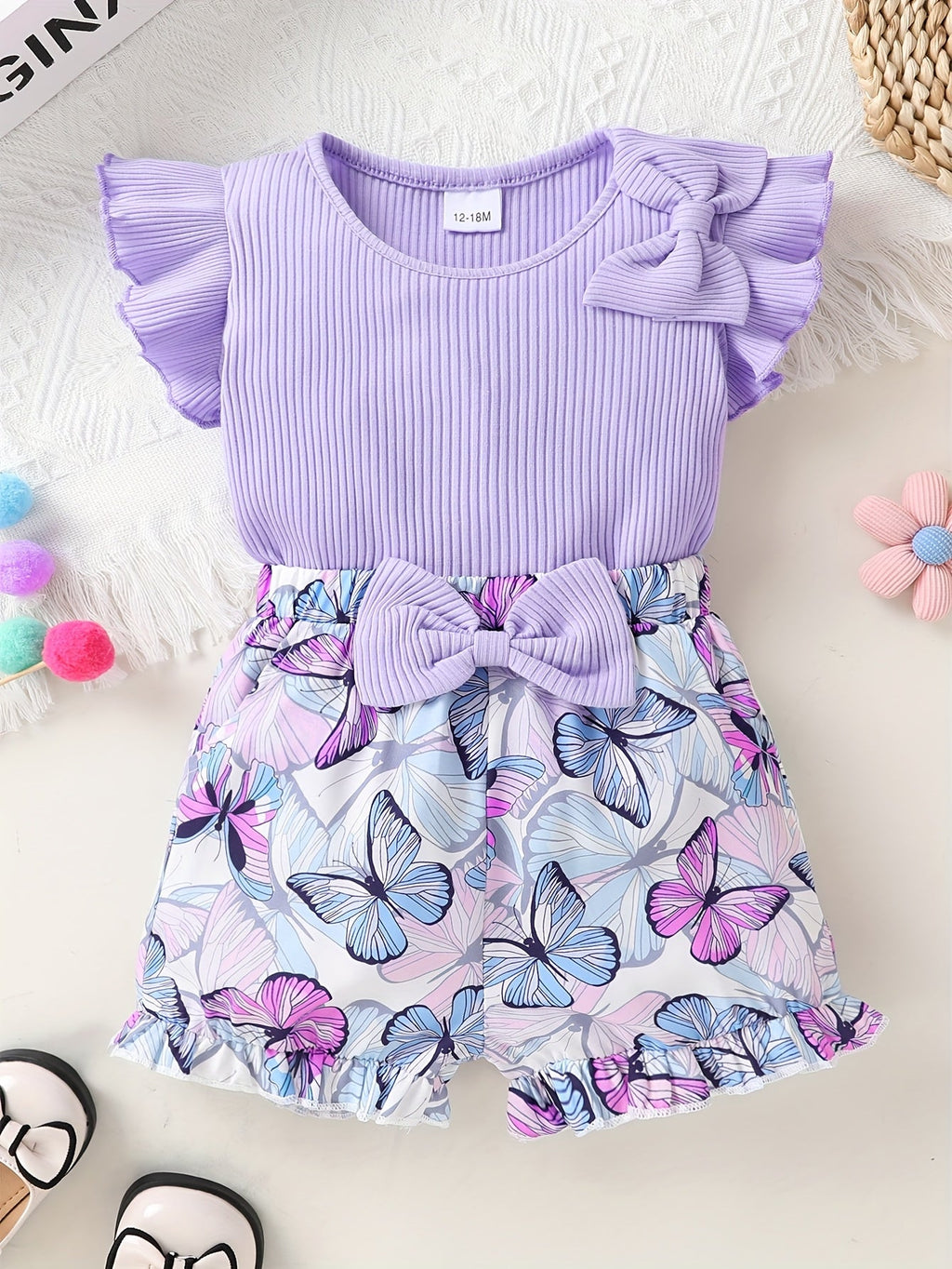 Girls' Purple Ruffle Sleeve Top and Butterfly Print Shorts Set with Matching Bow Details for Summer