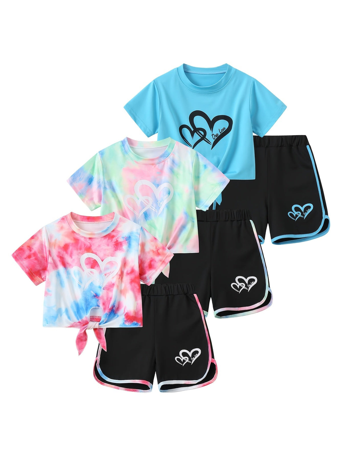 Girls' Heart Print T-Shirt and Shorts Sets 6-Piece Pack with Tie Front Tops for Summer Outfits