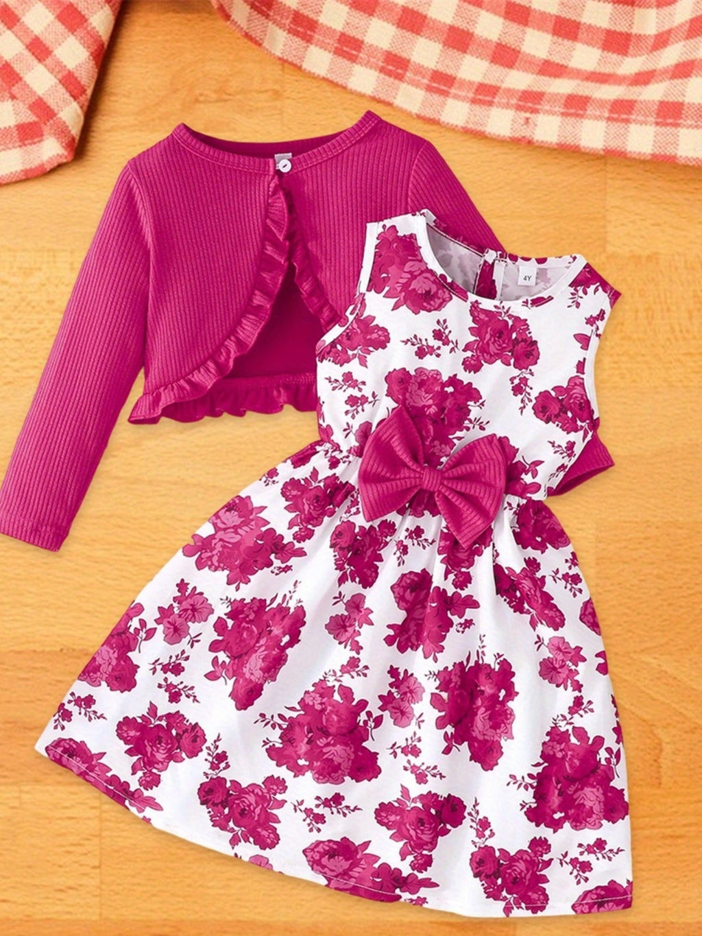 Girls' Rose Red Floral Dress and Cardigan Set with a Bow Waist and Ruffle Trim for Coordinated Outfits
