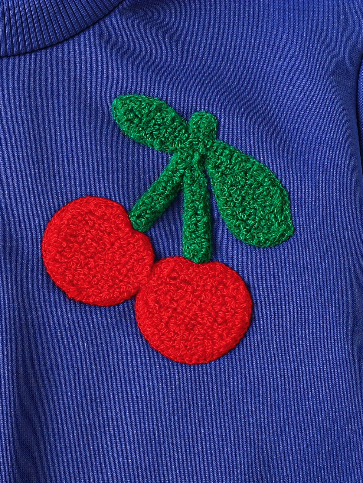 Girls' Blue Pants Set with Textured Cherry Appliques on a Crew Neck Sweatshirt and Wide Leg Trousers