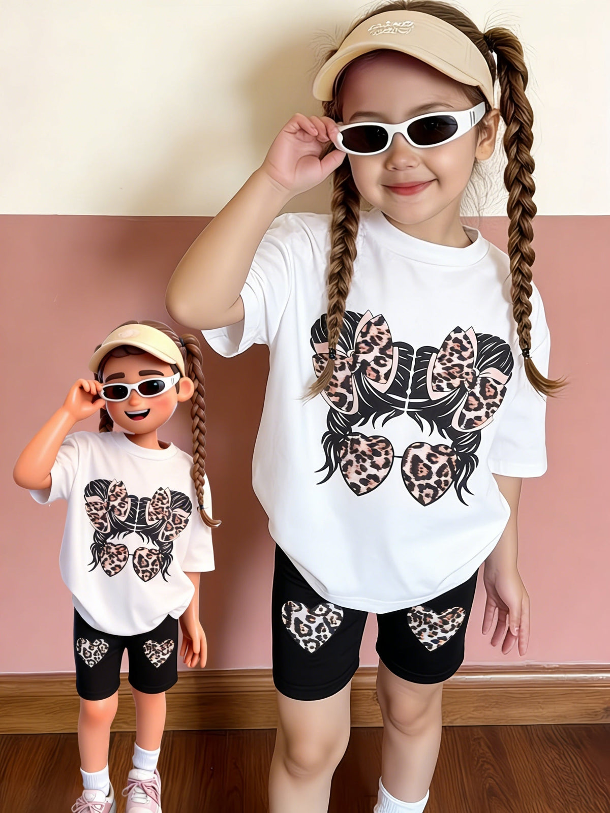 Girls' White Graphic T-Shirt and Black Shorts Set with Leopard Bow Design for Summer Casual Wear