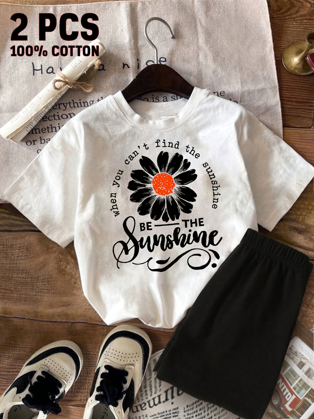 Girls' Sunshine T-Shirt Shorts Set with a Daisy Graphic and Be The Sunshine Lettering for Summer Play