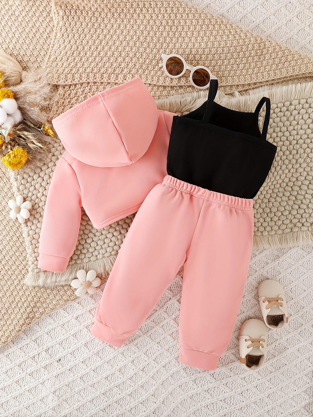 Baby Girls' Mama's Girl Hoodie Outfit Set with Black Camisole and Pink Joggers in a Three-Piece Design