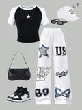 Girls' Star Print Pants Set with a Black and White Raglan Crop Tee and Graphic Wide Leg Trousers