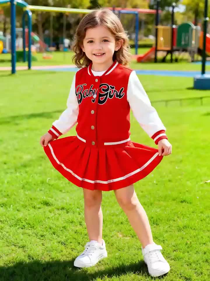Girls' Varsity Skirt Set in Red and White with a Baby Girl Letter Jacket and an Elastic Waist Pleated Skirt