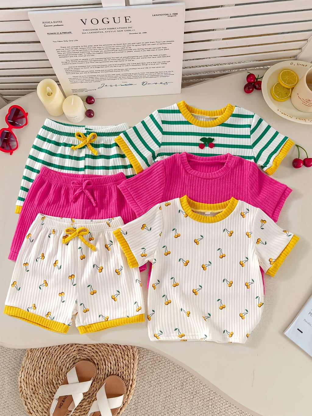Girls' Cherry Print Top and Shorts Six Piece Set with Striped and Solid Coordinates for Summer Outfits