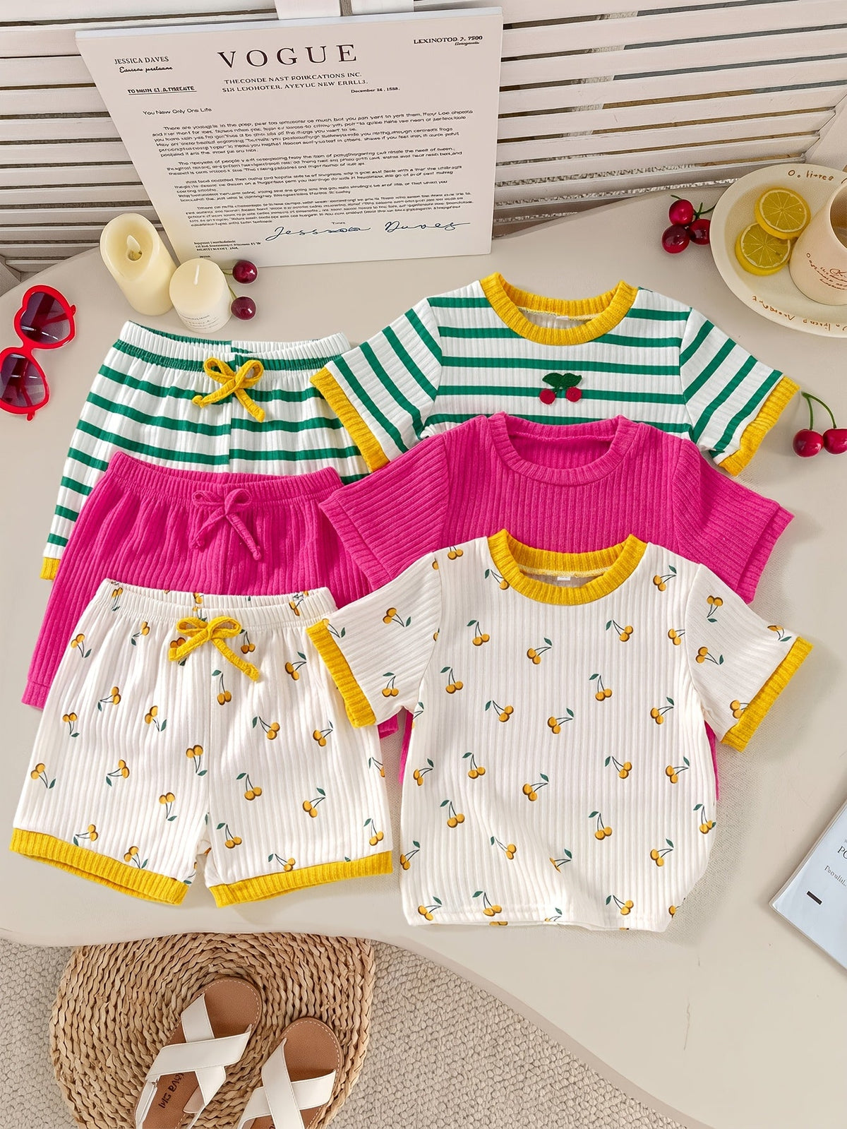 Girls' Cherry Print Top and Shorts Six Piece Set with Striped and Solid Coordinates for Summer Outfits