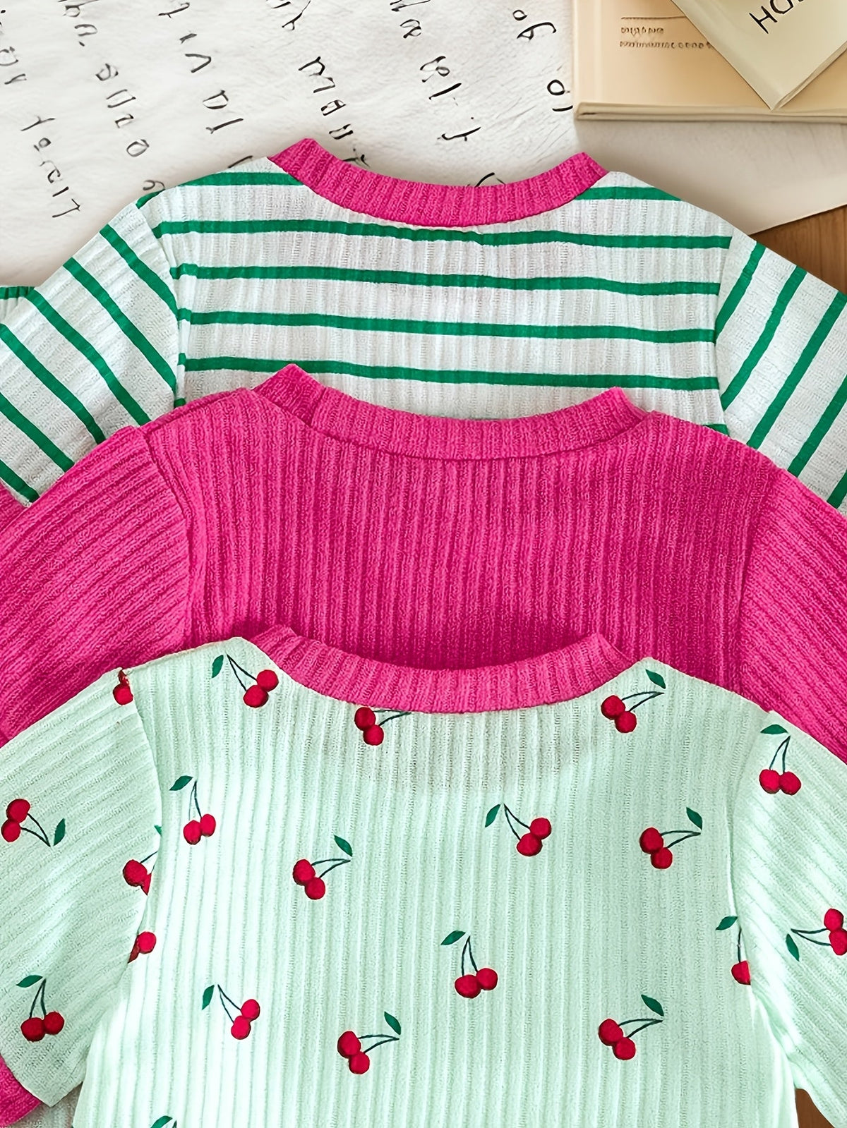 Girls' Cherry Print Top and Shorts Six Piece Set with Striped and Solid Coordinates for Summer Outfits