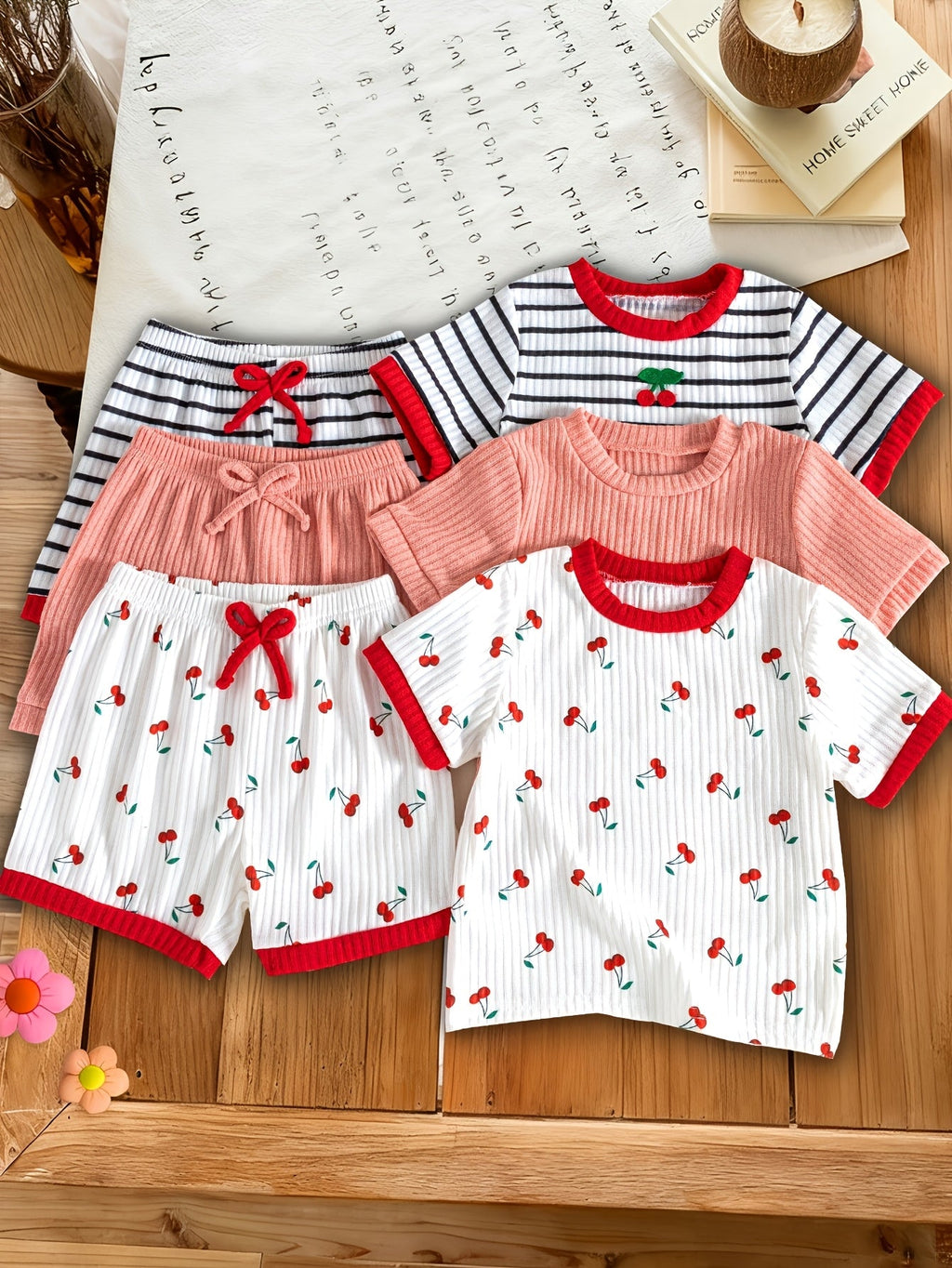 Girls' Cherry Print Top and Shorts Six Piece Set with Striped and Solid Coordinates for Summer Outfits