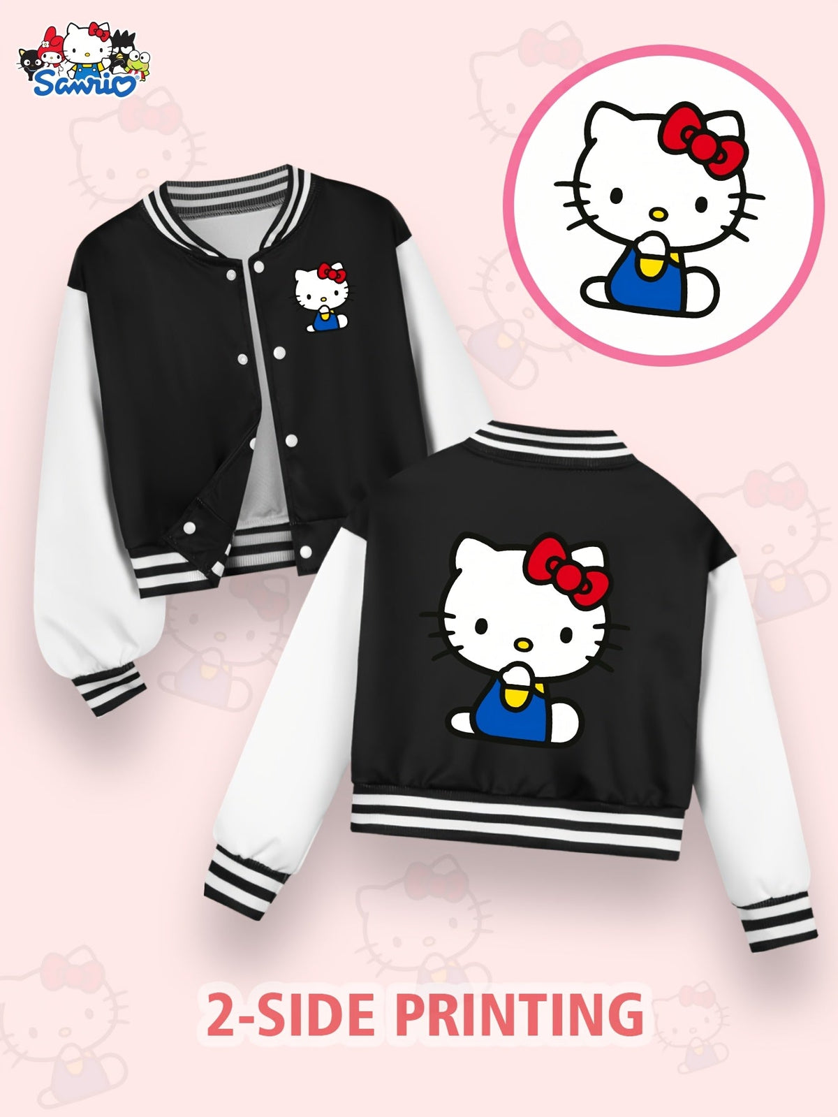 Girls' Hello Kitty Varsity Jacket with Two-Sided Character Graphics and White Contrast Sleeves