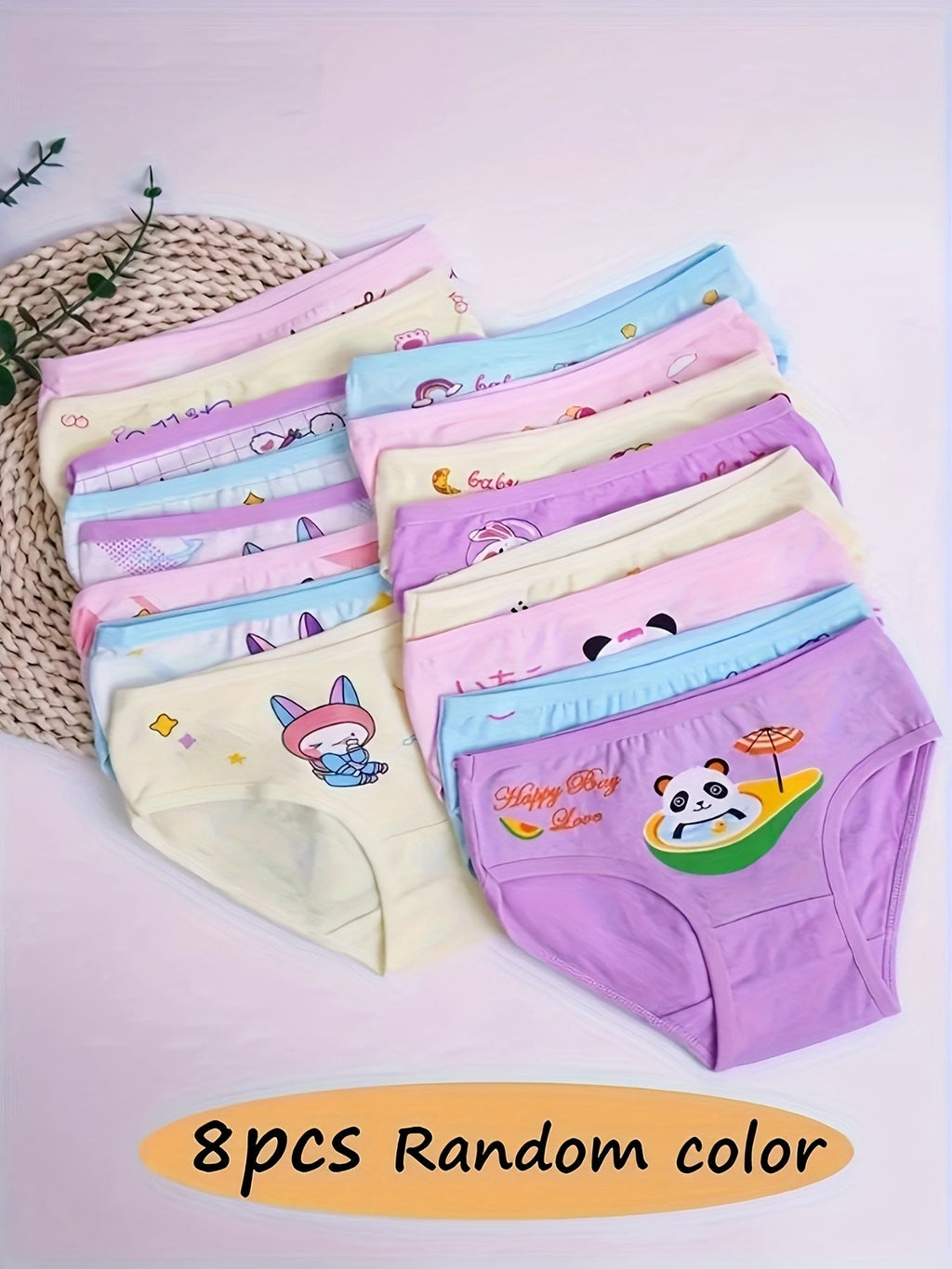 Girls' Cotton Bikini Briefs Eight Pack with Random Bunny and Panda Prints in Pastel Colors for Daily Wear