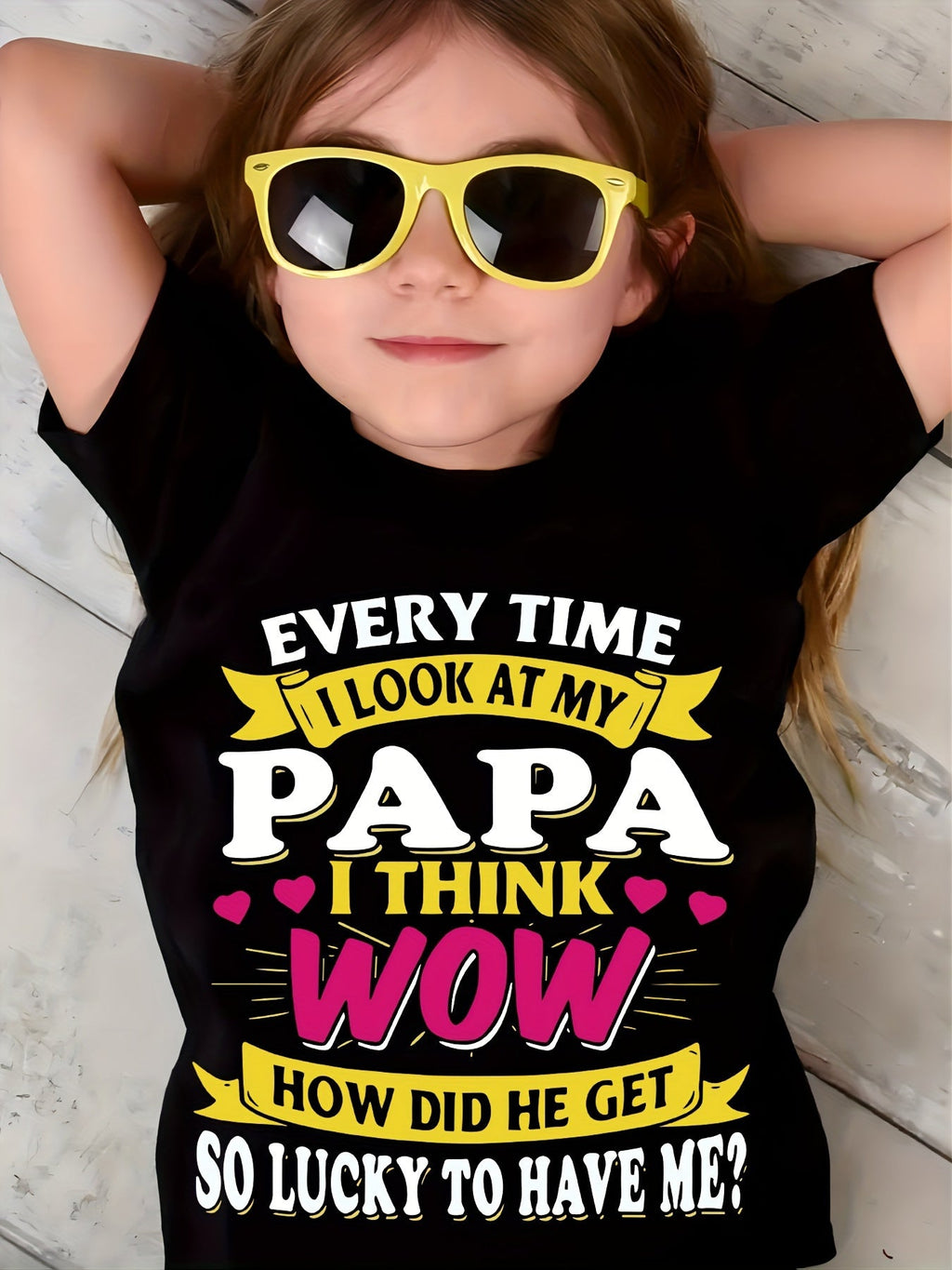 Girls' My Papa Is Lucky to Have Me T-Shirt in Black with Pink and Yellow Lettering for Family Outings
