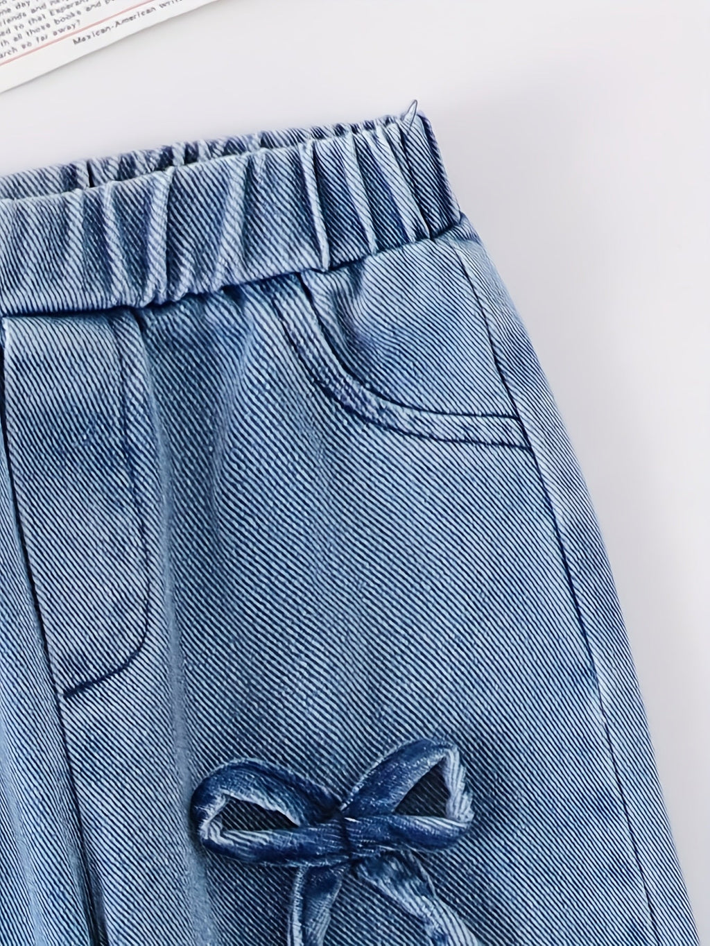 Baby Girls' Bow Outfit Set with a Black Short Sleeve T-Shirt and Blue Denim-Look Pants for Summer
