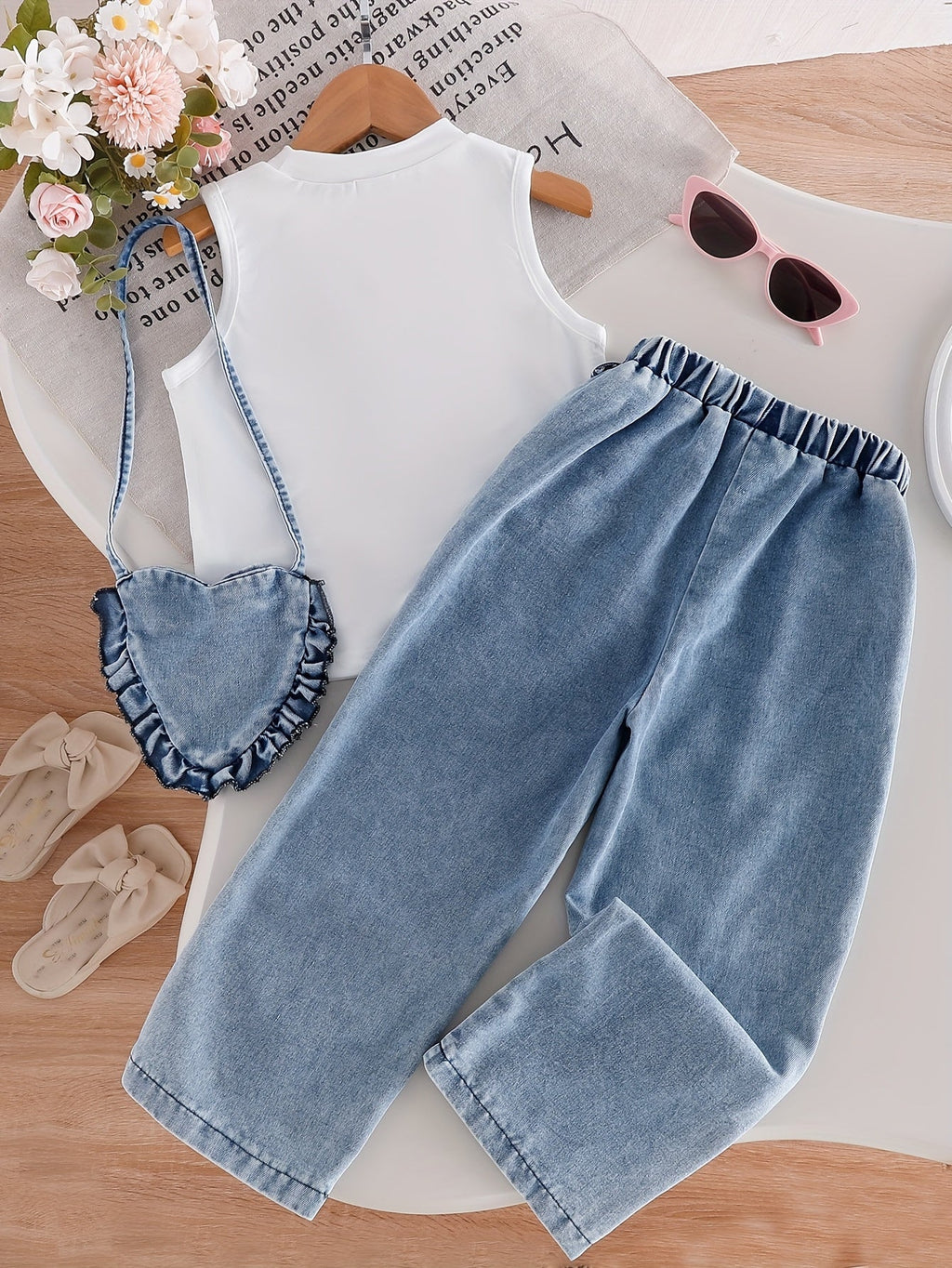 Girls White Tank Top and Heart Patch Denim Pants Outfit with a Matching Heart Bag for Casual Days