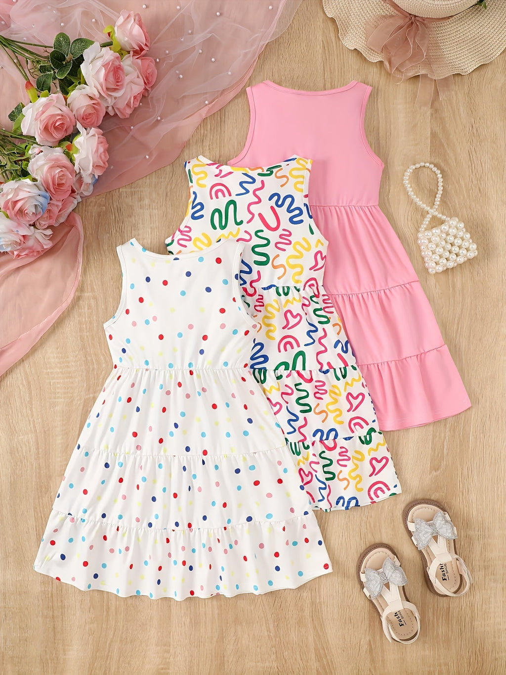 Girls' Sleeveless Dresses Three-Pack with Rainbow Prints and Tiered Skirts for Summer Casual Outfits