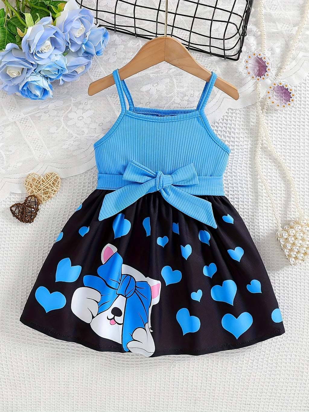 Girls' Sleeveless Bow Dress with Heart Print Skirt and Cartoon Character Design for Summer Outfits