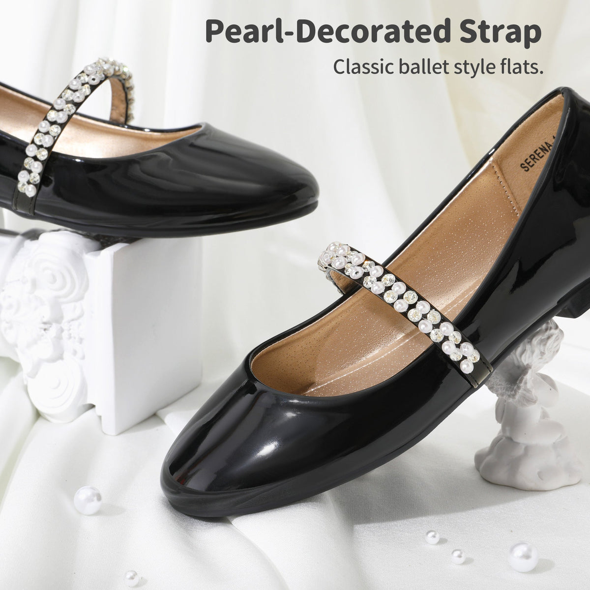 Mary Jane Flats for Girls with Pearl Look Strap Decorations and Sparkling Details for Dressy Outfits