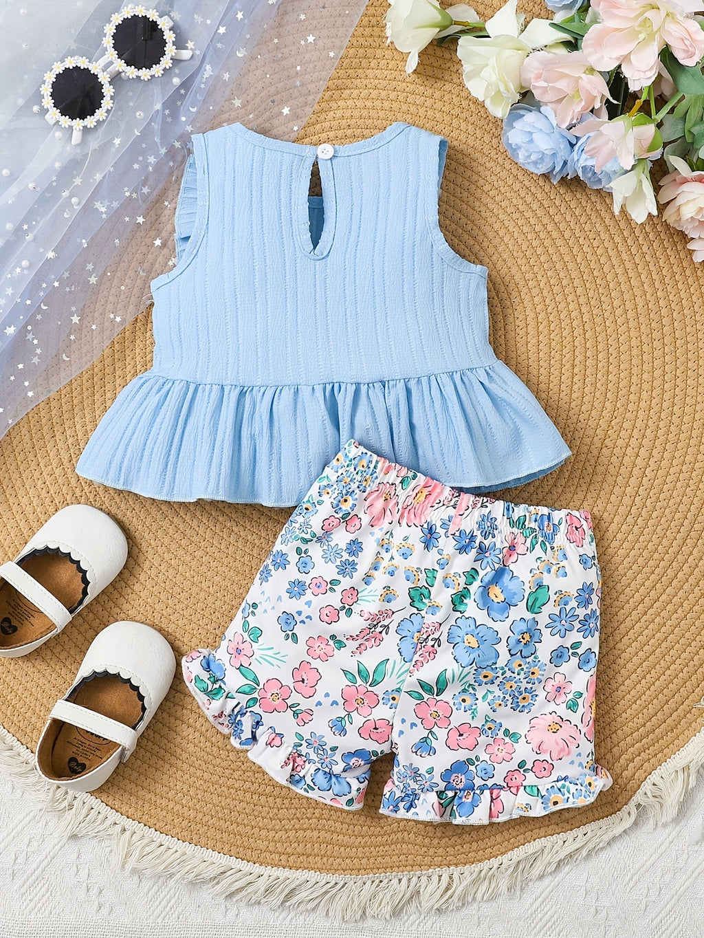 Toddler Girls' Blue Ruffle Top and Shorts Set with Floral Print Bottoms for Cheerful Summer Outings