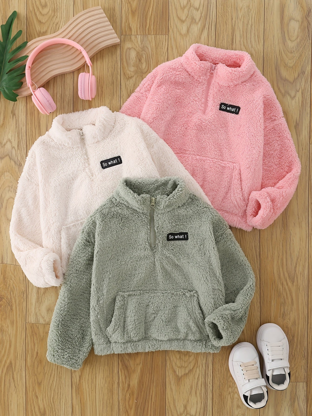Girls' Half Zip Fleece Pullovers 3-Pack with Stand Collars and Front Pockets for Fall Layering