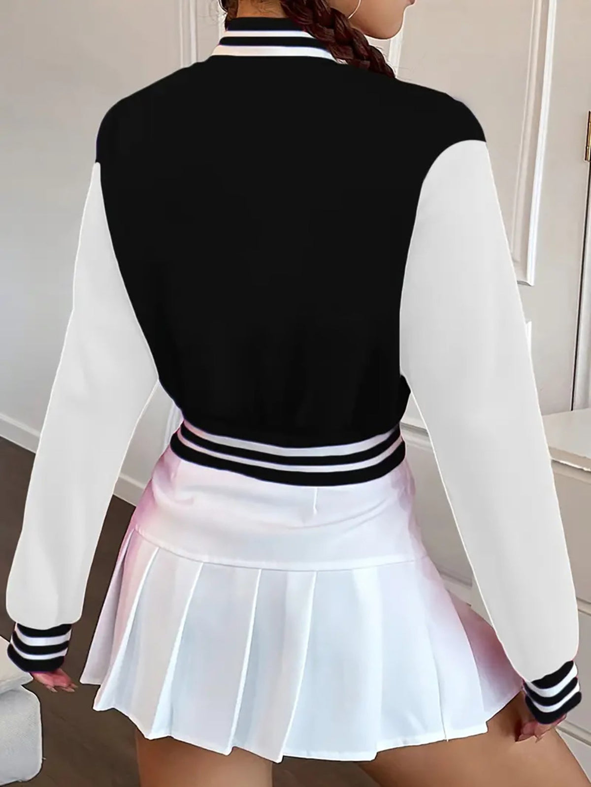 Girls' Bomber Jacket with K-Pop Chest Lettering and Contrast White Sleeves in a Cropped Black Design