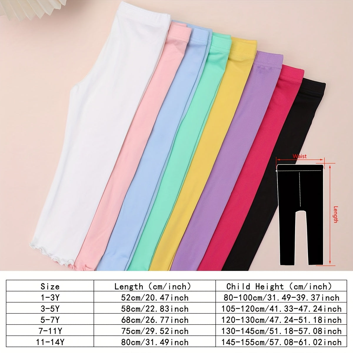 Girls' Eight Pack Colorful Leggings with Lettuce Edge Hems and Elastic Waists for Everyday Layering