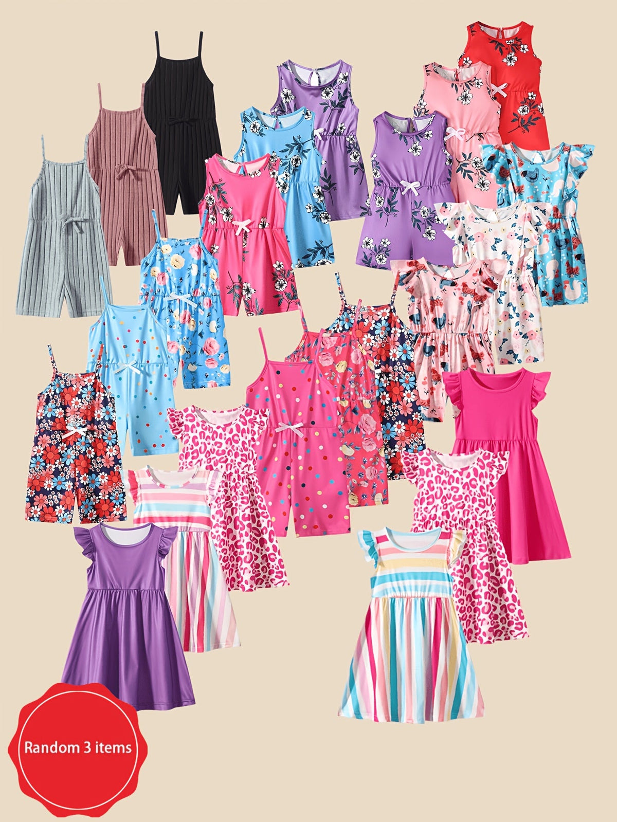 Girls' Three-Piece Random Summer Clothing Assortment Featuring Dresses and Rompers in Mixed Colors