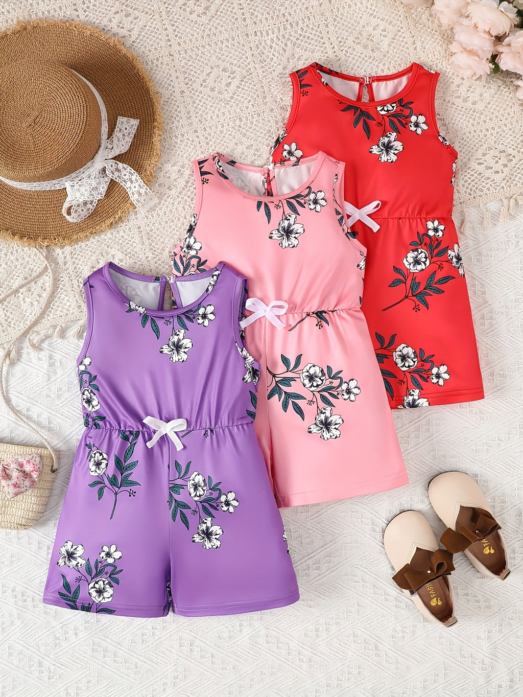 Girls' Three-Piece Random Summer Clothing Assortment Featuring Dresses and Rompers in Mixed Colors