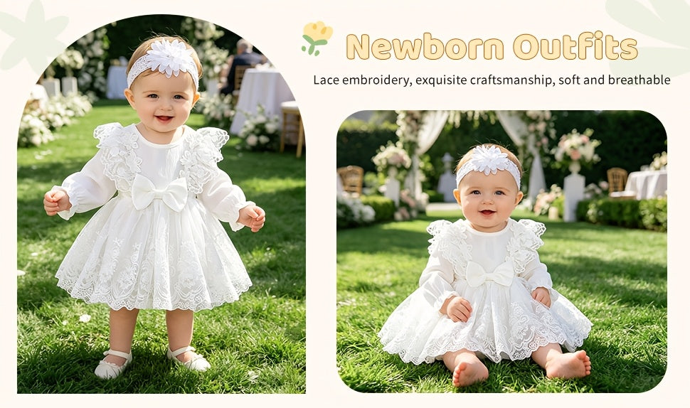 Baby Girls' White Lace Dress and Floral Headband Set for Family Occasions with Long Sleeves and a Front Bow