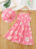 Girls' Flower Print Dress and Hat Set in Pink or Purple with Thin Straps and a Flared Skirt for Summer