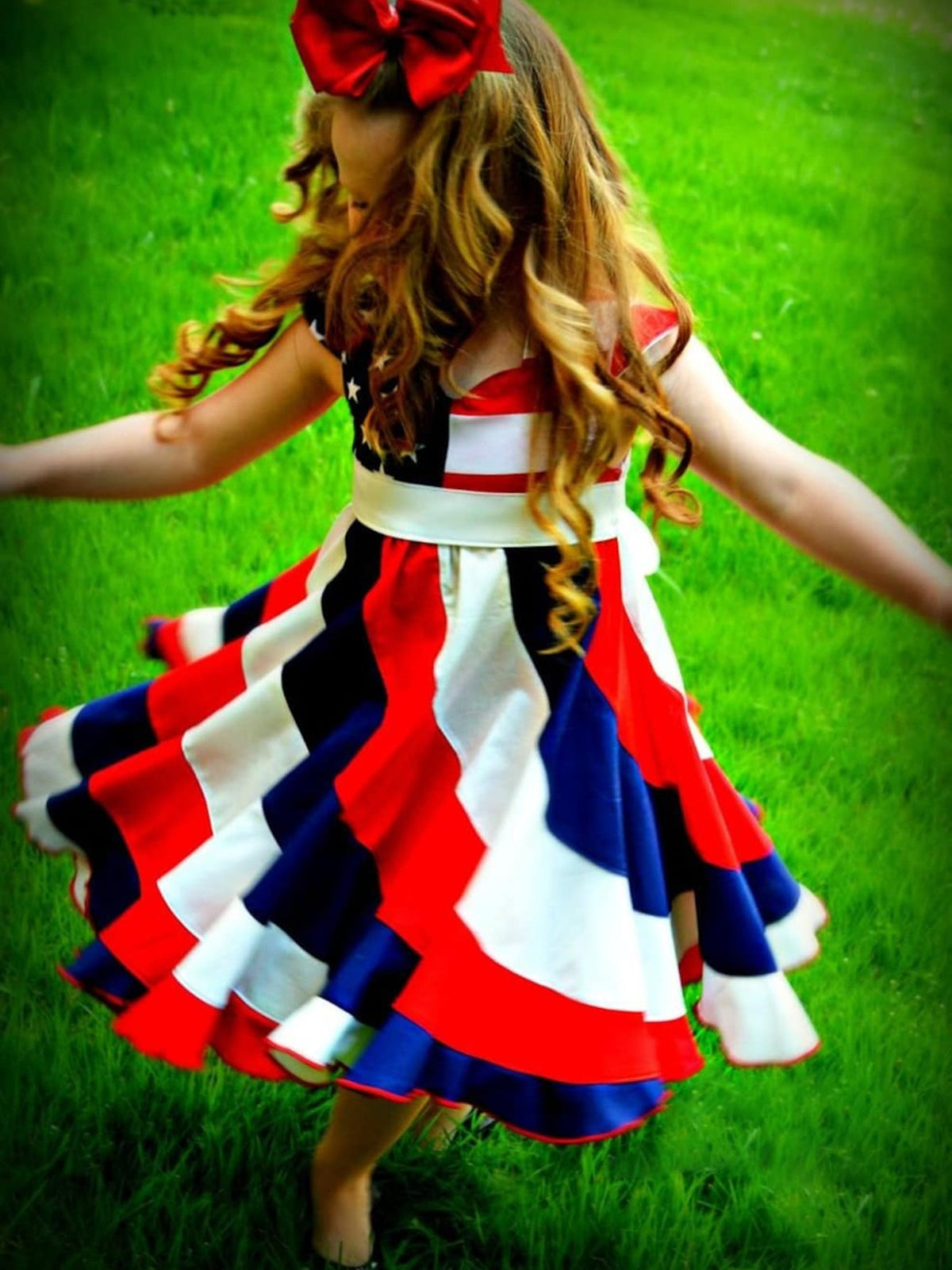 Girls' Stars and Stripes Twirl Dress in Red White and Blue with Short Sleeves for Fourth of July Outfits