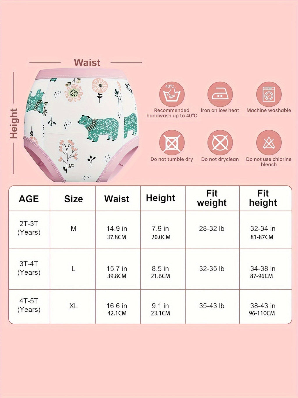 Toddler Training Pants for Girls with Animal Prints and Pink Elastic Trim for Potty Training Practice