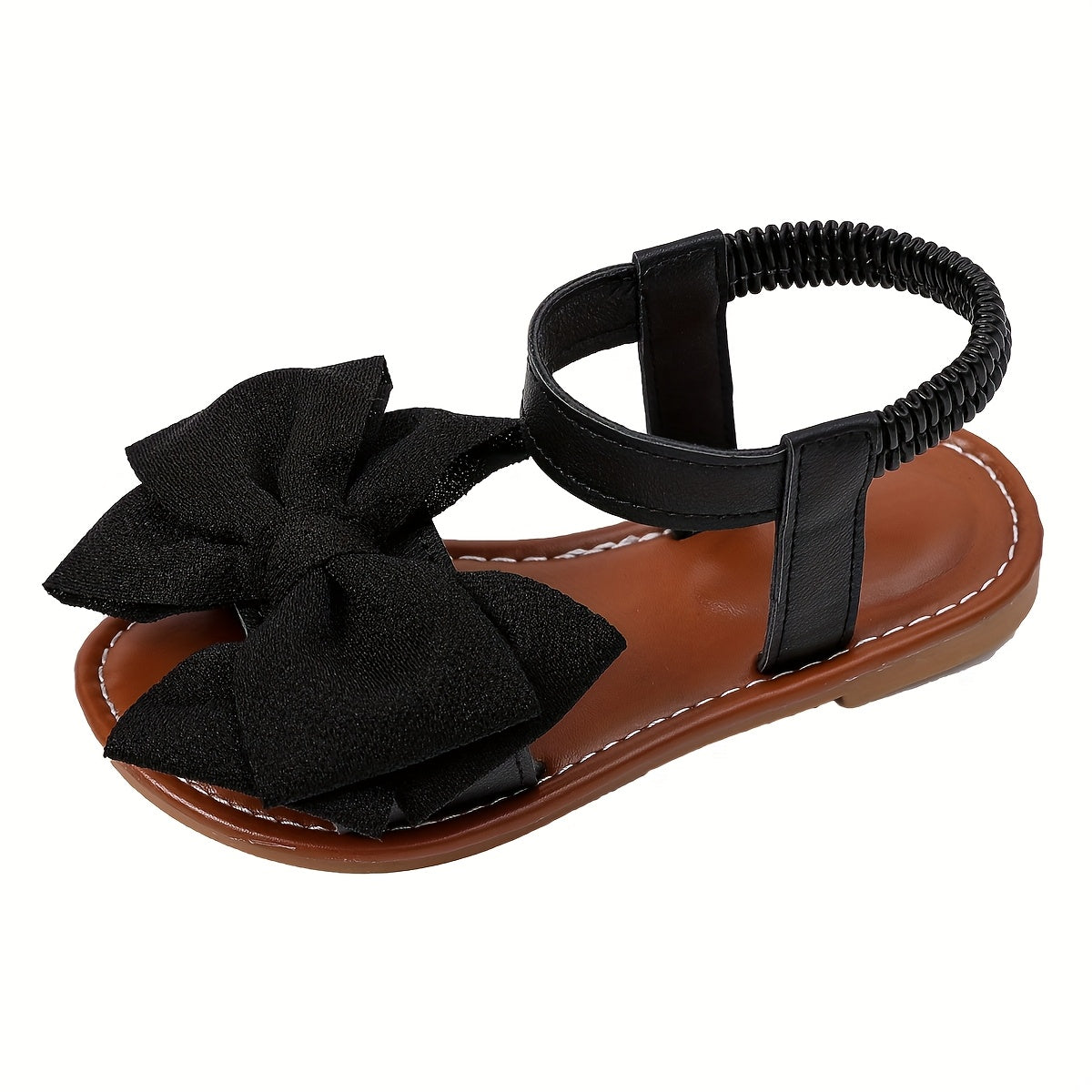 Girls' Flat Bow Sandals with Elastic Back Strap in Black or White for Summer Dresses and Casual Outfits