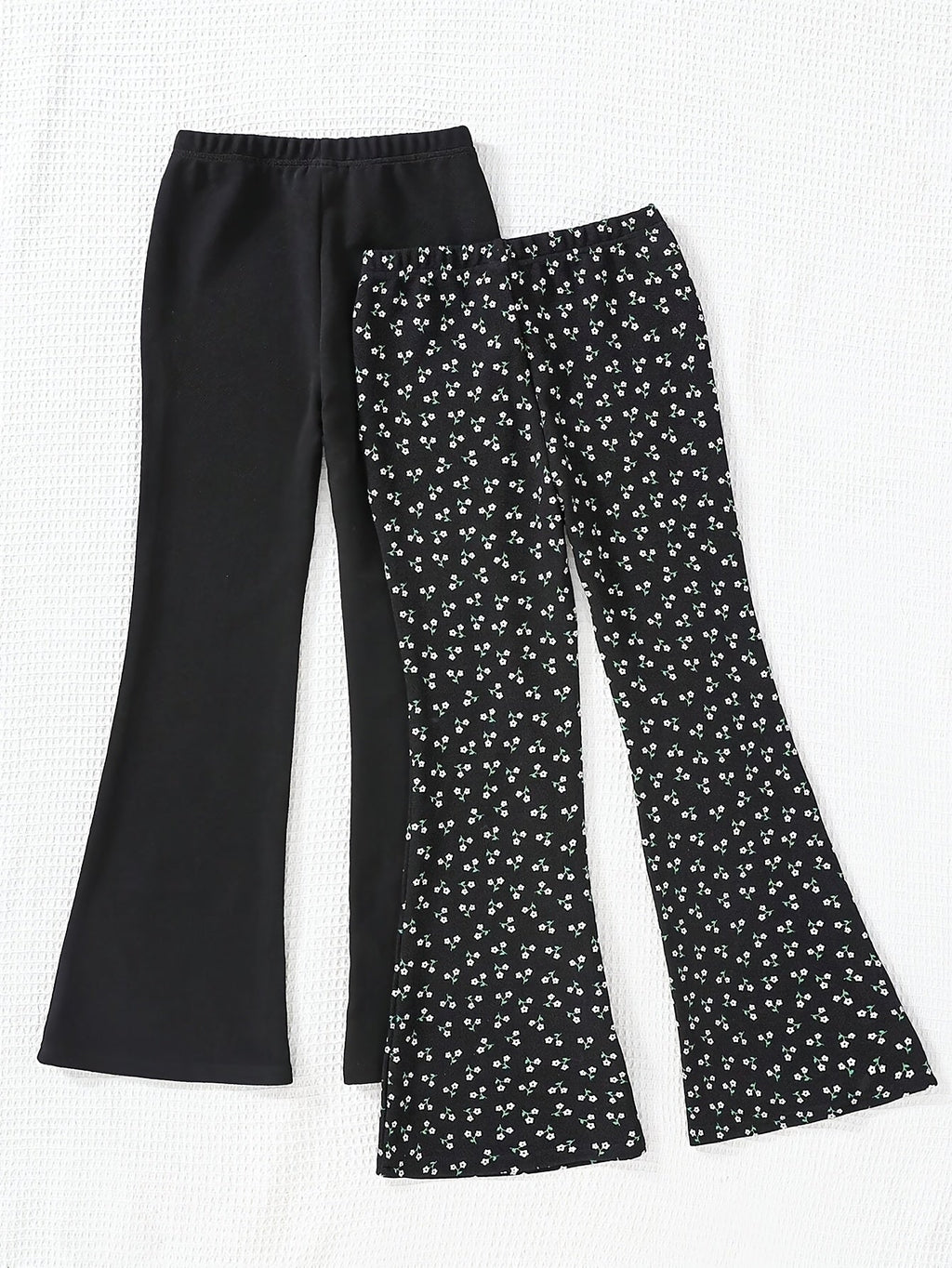 Girls' Flare Pants Two-Pack with Solid Black and Heart Print Designs for Everyday Casual Outfits