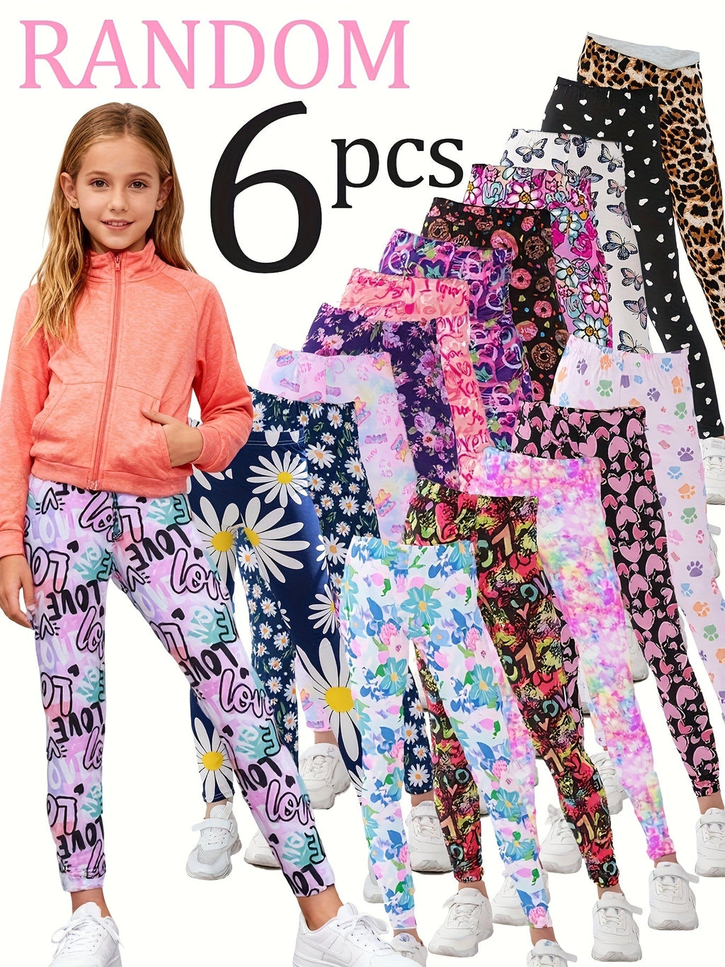 Girls' Stretch Leggings 6-Pack in Random Solid Colors and Prints for Casual Spring and Fall Outfits