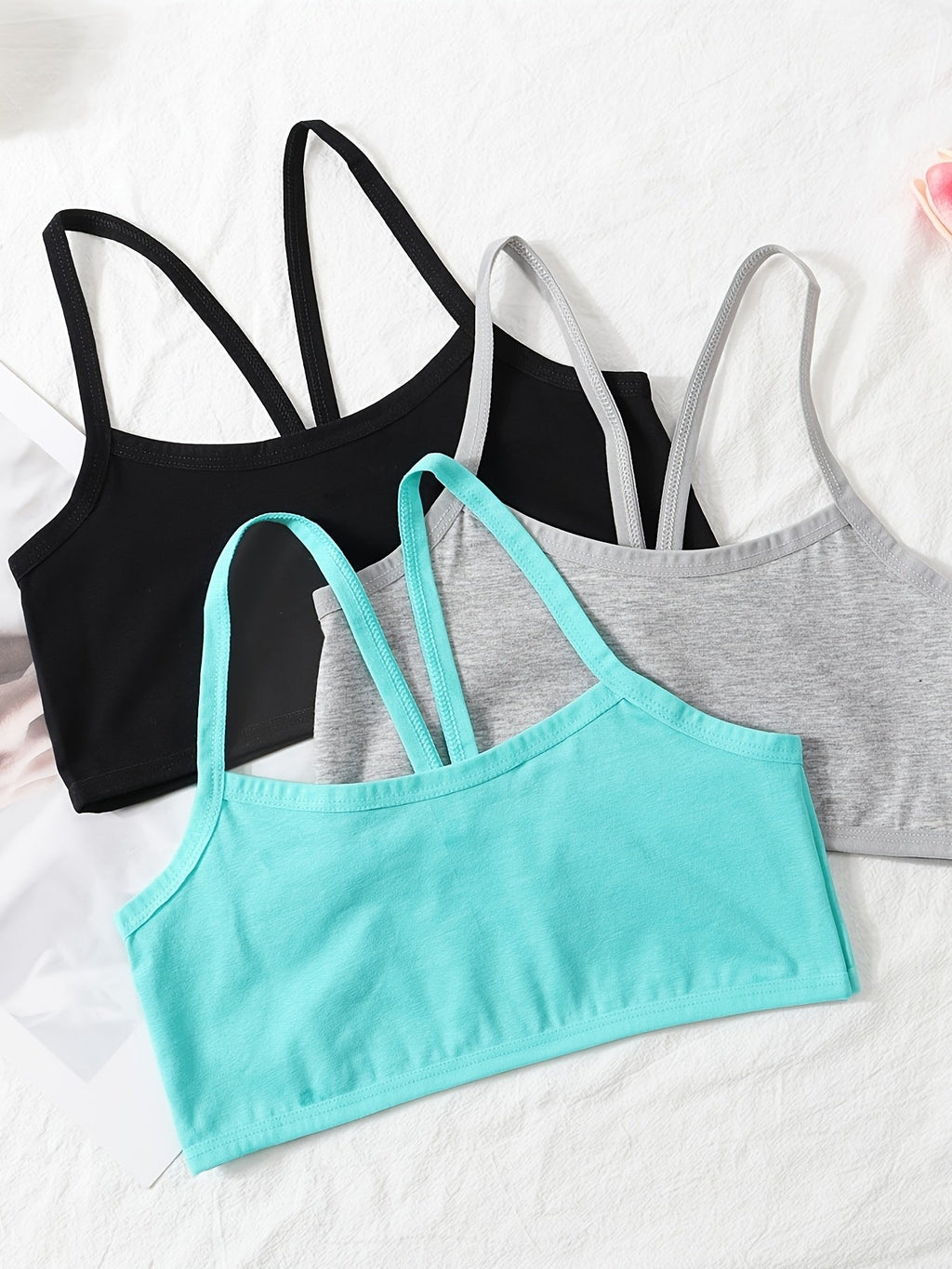 Girls' Training Bras 12-Pack in Assorted Solid Colors with Slim Shoulder Straps for Everyday Layering