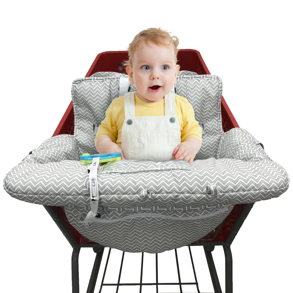 Thick Padded Baby Shopping Cart and High Chair Cover with Contoured Side Cushions and Patterned Fabric