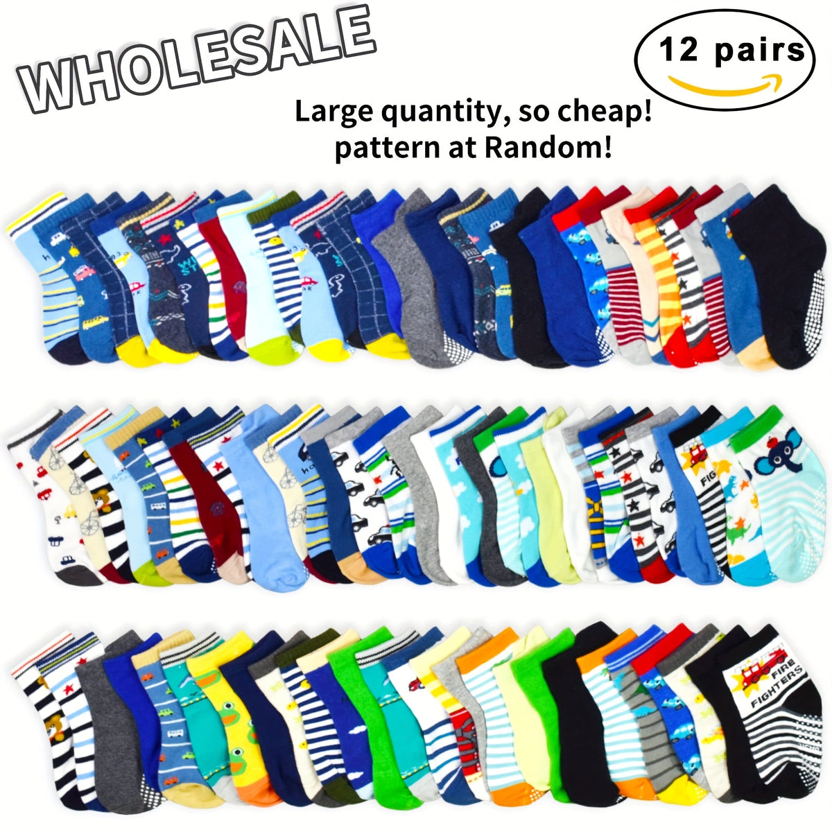 Kids' Patterned Crew Socks in 12 or 24-Pair Random Assortments with Ribbed Cuffs for Everyday Changes