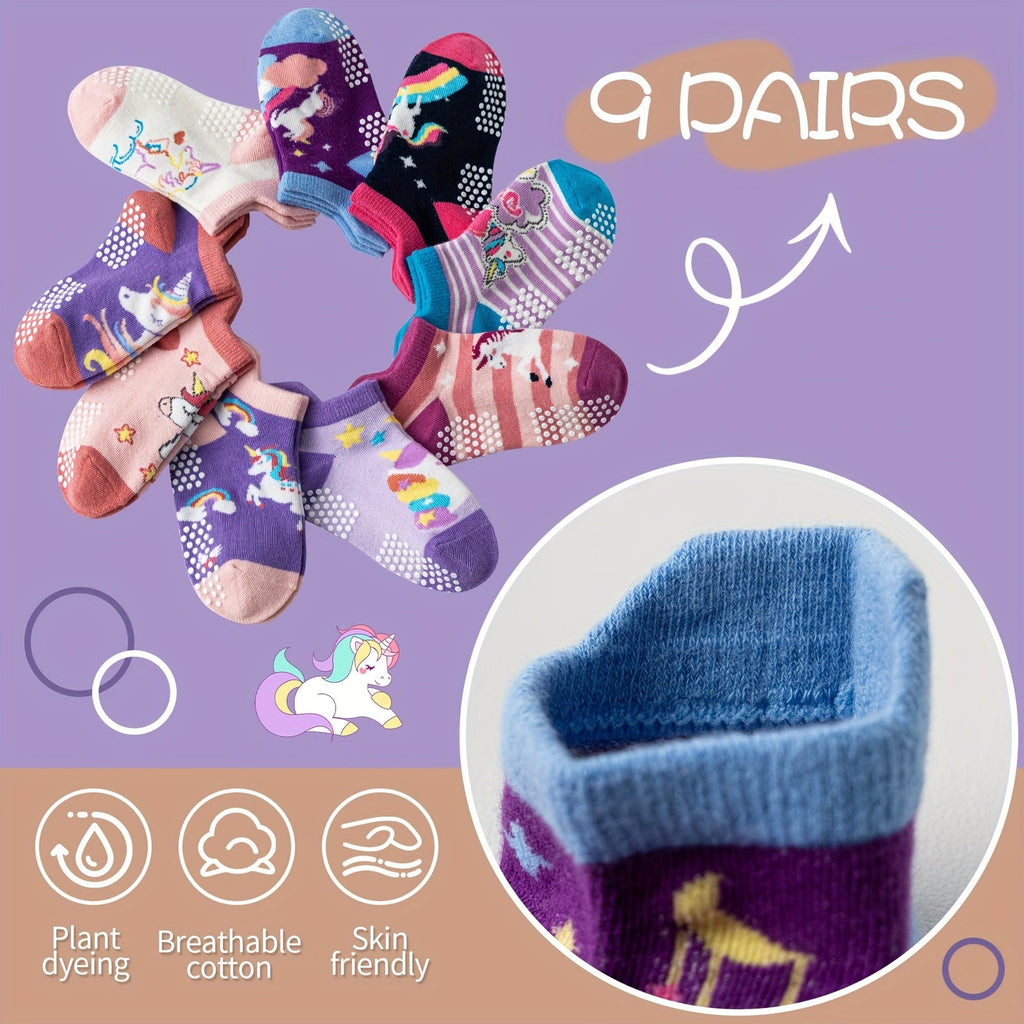 Girls' Unicorn Ankle Socks in 9 or 18-Pair Packs with Dotted Grip Soles for Colorful Everyday Outfits