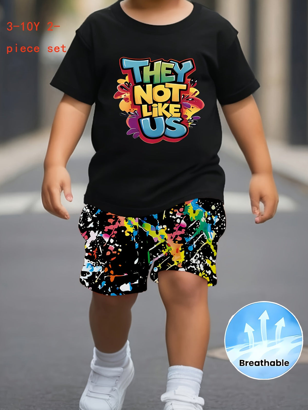 Kids' Graphic T-Shirt and Splatter Print Shorts Set with Colorful They Not Like Us Lettering for Summer
