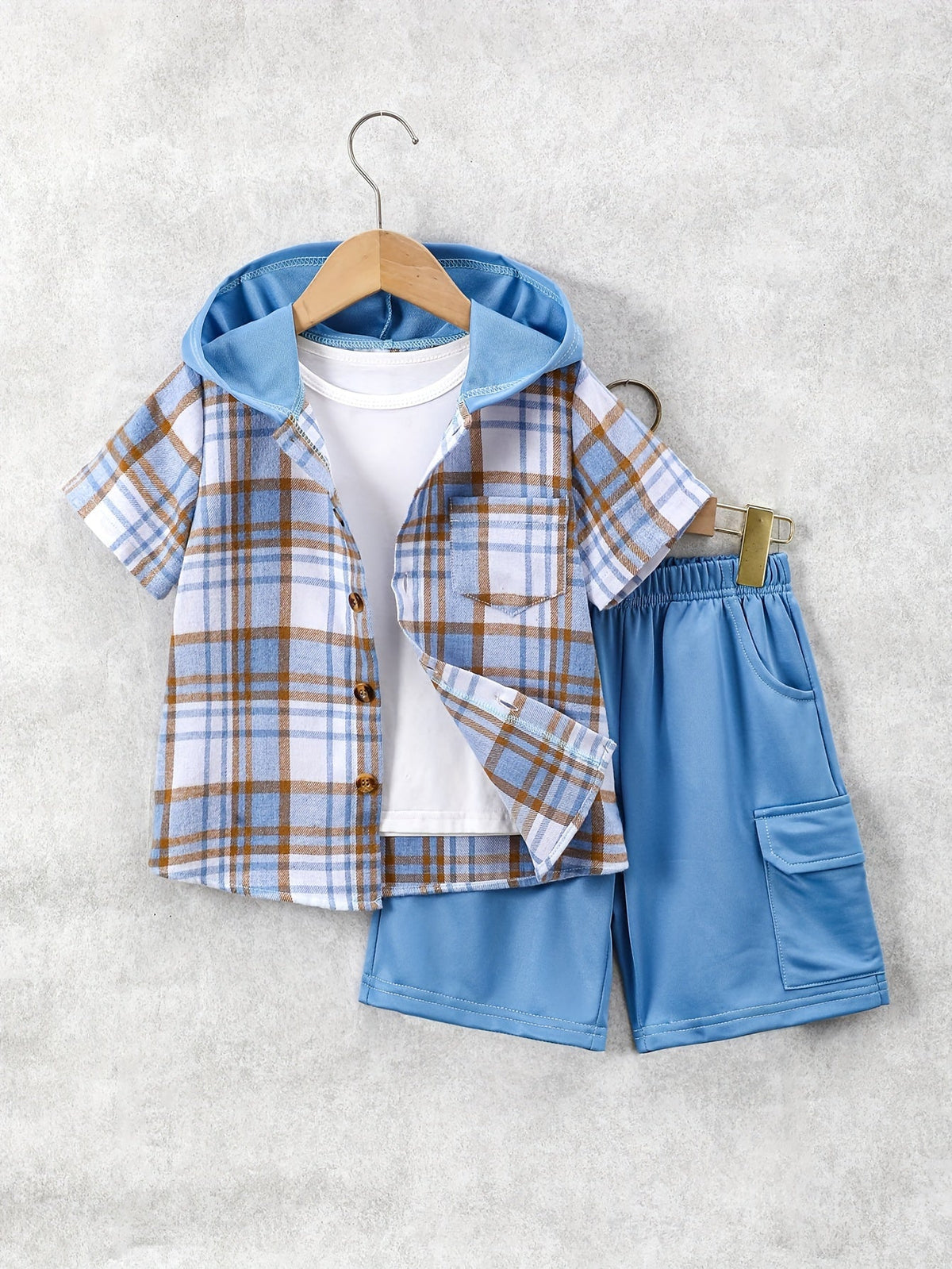 Kids' Hooded Shorts Set with a Short Sleeve Plaid Button Shirt and Matching Cargo Style Shorts
