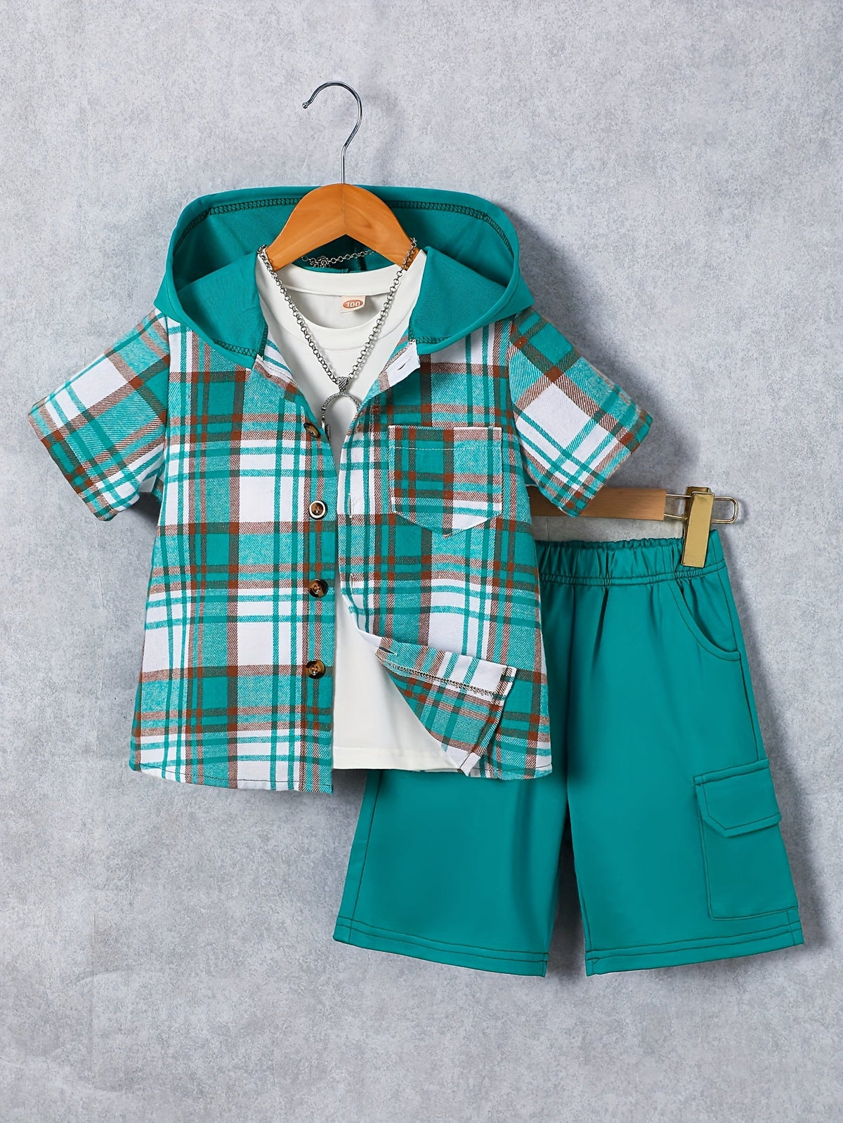 Kids' Hooded Shorts Set with a Short Sleeve Plaid Button Shirt and Matching Cargo Style Shorts