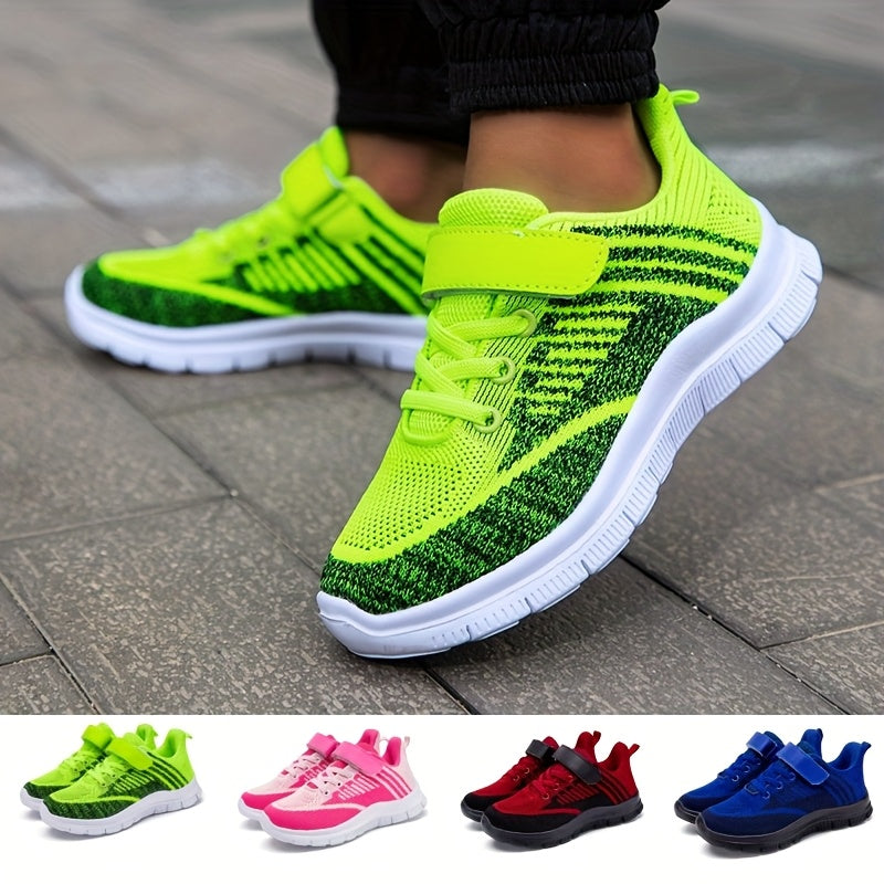 Kids' Mesh Sneakers with Instep Straps and Striped Knit Panels in Green, Blue or Red for Everyday Play