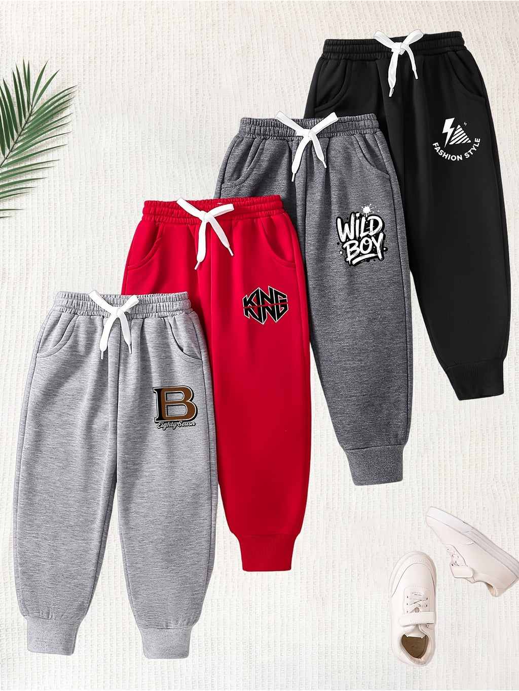 Boys' Graphic Jogger Pants 4-Pack in Gray, Red and Black with Drawstring Waists and Ribbed Ankle Cuffs