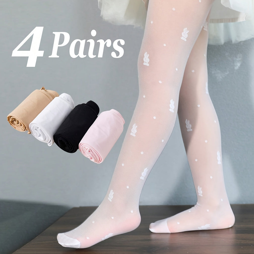 Girls' Bunny Mesh Tights Four Pair Pack in Black, White, Beige and Pink for Dresses and Everyday Layering