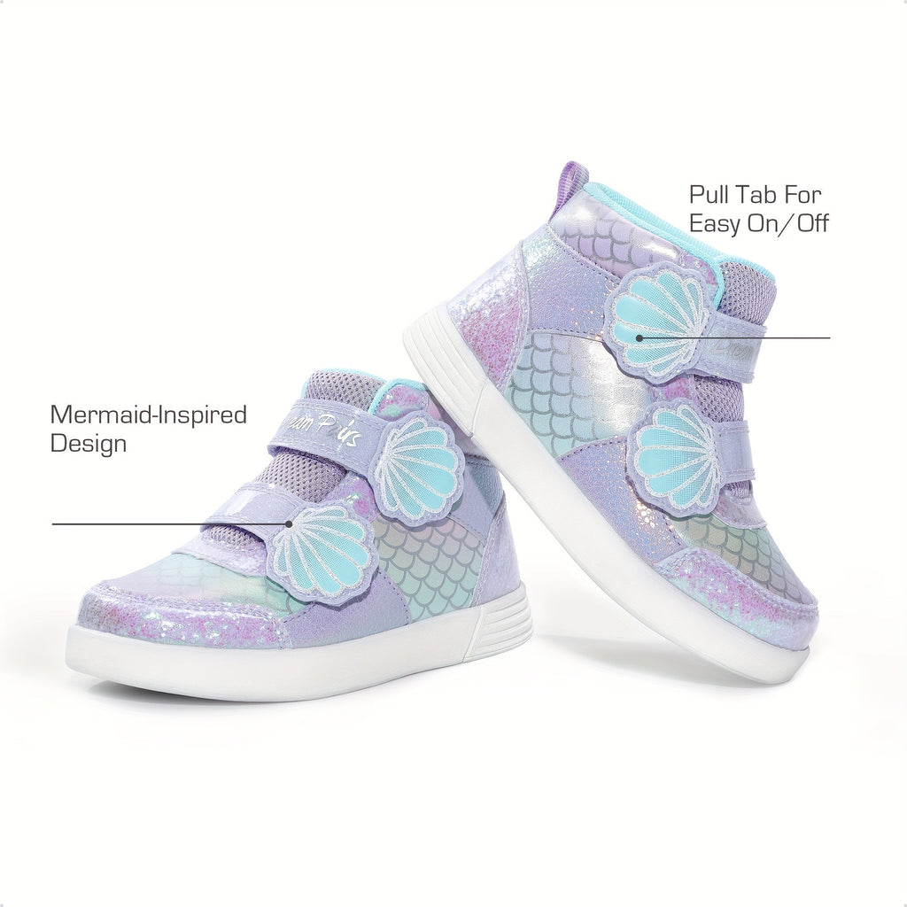 Girls' Mermaid High Top Sneakers with Glitter Panels and Shell Strap Details for Playful Outfits