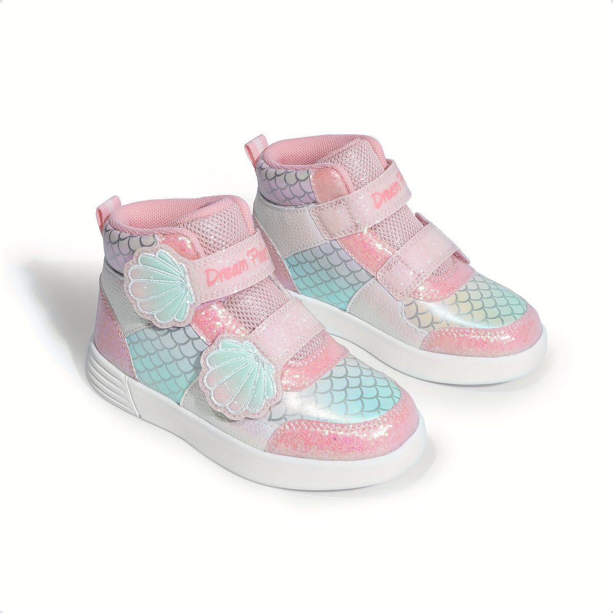 Girls' Mermaid High Top Sneakers with Glitter Panels and Shell Strap Details for Playful Outfits