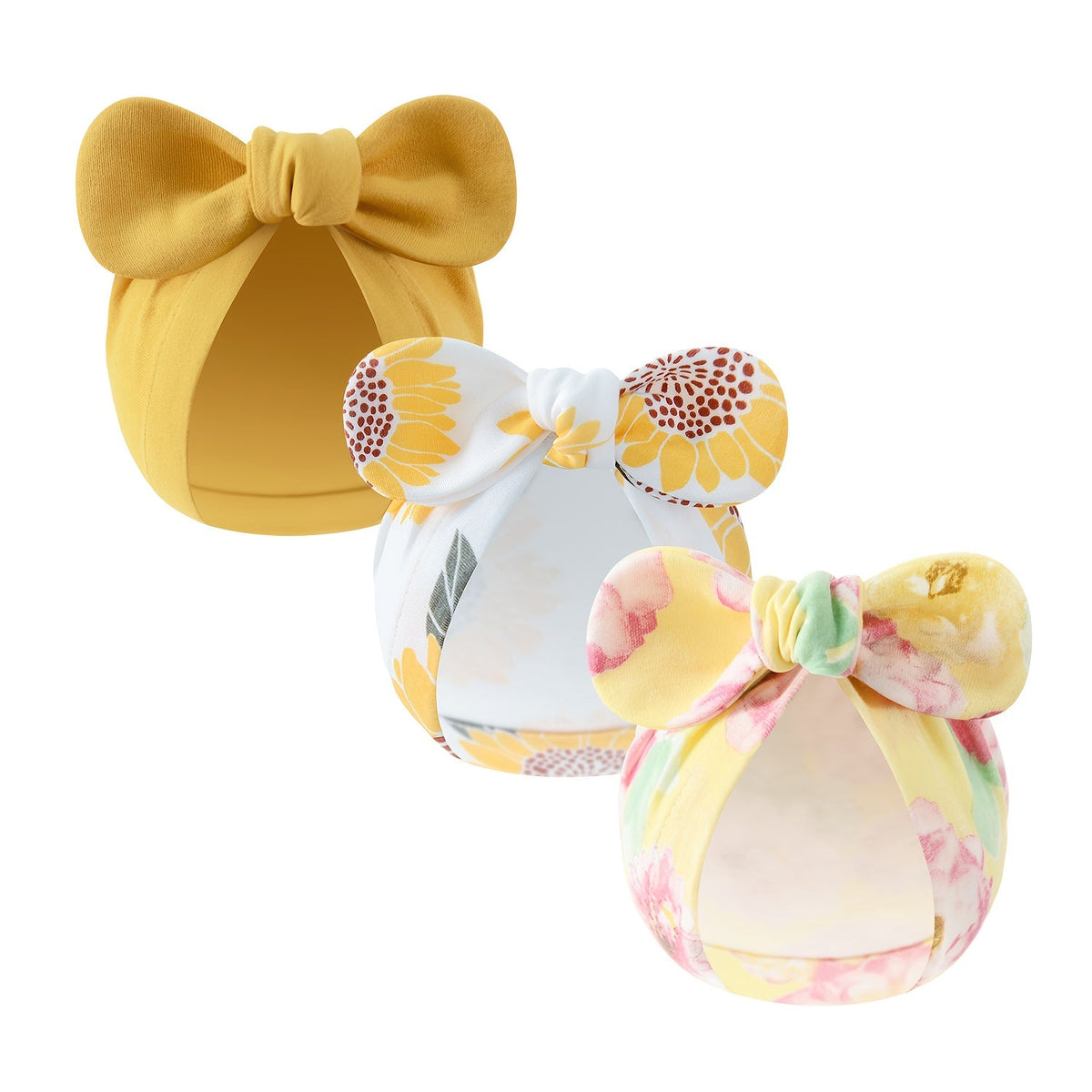 Baby Bow Hat Three-Pack in Solid and Printed Turban Styles with Oversized Fabric Bows for Newborn Outfits